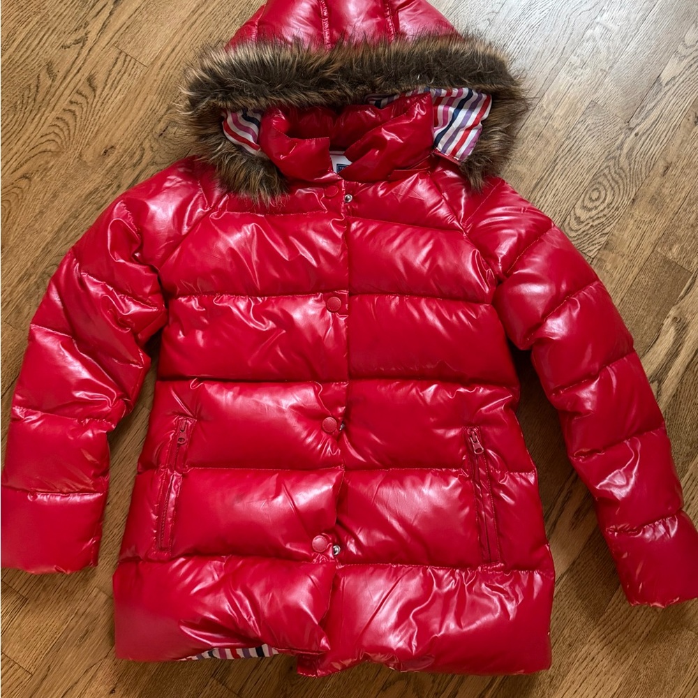Toobydoo Shiny Red Quilted Puffer Coat with Faux-Fur Trimmed Hood